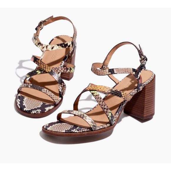 Madewell Heels Women 9.5 Snake Print The Edie Sandal Block Heel Leather Strappy - Picture 1 of 9